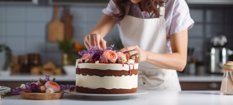 Woman Pastry Chef Bakes A Cake In A Modern Kitchen In A Home Business Workshop, Decorates A Confectionery Product With Cream For A Holiday Sweets