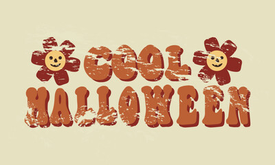 Retro Halloween greeting card teplate in retro cartoon groovy 70s Vintage Style. Cool Halloween Illustration with hunting for sweets concept. Contour vector