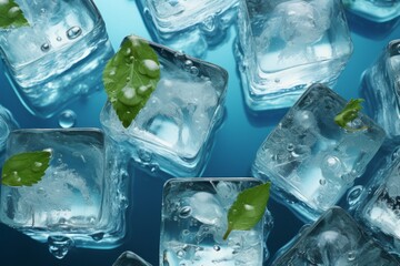  Captivating banner showcasing ice cubes with water on a tranquil blue backdrop, Generative AI