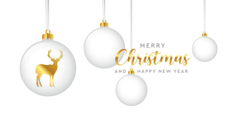 luxury golden christmas greeting card deer and christmas balls vector illustration - obrazy, fototapety, plakaty