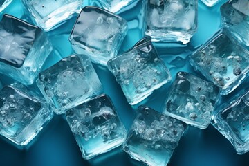 Obraz premium Captivating banner showcasing ice cubes with water on a tranquil blue backdrop, Generative AI