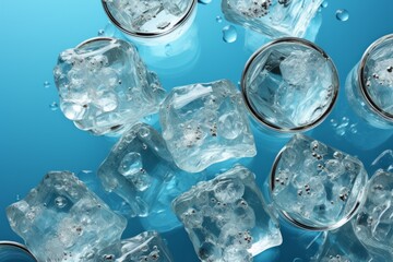  Captivating banner showcasing ice cubes with water on a tranquil blue backdrop, Generative AI