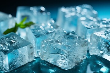 Enticing banner showcasing ice cubes immersed in water against a soothing blue background, Generative AI