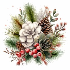 Winter bouquet of fir branches and cones as a wedding or ritual for condolences, Christmas in watercolor style postcard