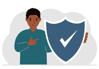 A man holds a shield in his hand, a symbol of insurance. Vector
