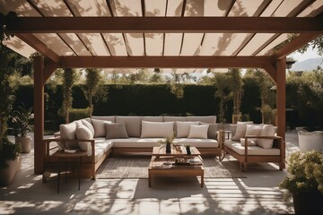 Modern patio furniture include a pergola shade structure an awning a patio roof a dining table seat