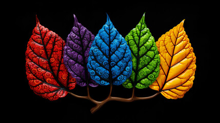 A group of three leaves with a black background
