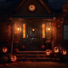 Halloween decorated front door with pumpkins of various size. Front Porch decorated for the Halloween season. Concept of Halloween. Digital illustration. CG Artwork Background