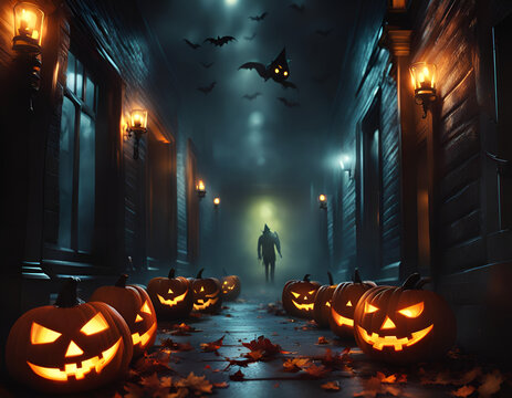 Dark alley with jack-o-lanterns, bats, and spooky shadows. Concept of Halloween. Digital illustration. CG Artwork Background