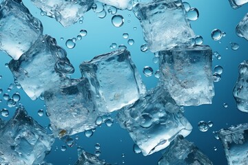 An impactful banner featuring ice cubes with water against a refreshing blue background, Generative AI