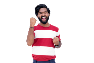 a man with a beard and a red and white shirt is making a fist gesture with his hands while standing against a white background