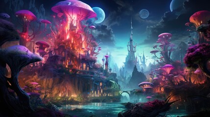 Fototapeta premium Fantasy landscape with glowing mushrooms and castle