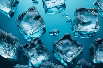 Top view capturing ice cubes floating in water on a serene blue background, Generative AI