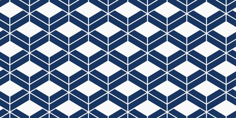 White diamonds with blue chevrons. Vector simple pattern of repeating rhombuses. Geometric vector pattern.