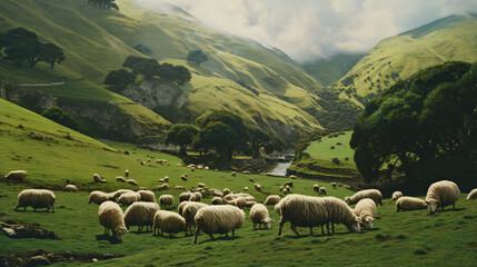 A herd of sheep grazing on a lush green hillside - obrazy, fototapety, plakaty