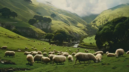 Fotobehang A herd of sheep grazing on a lush green hillside © Cedar