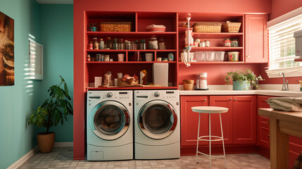A kitchen with a washer and dryer - obrazy, fototapety, plakaty