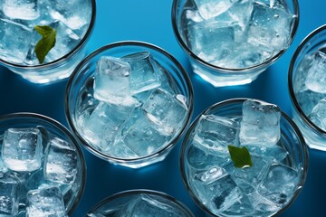 Top-down perspective capturing ice cubes floating in water on a cool blue background, portraying the idea of icy drinks, Generative AI