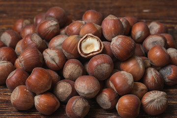 hazelnuts on a wooden table