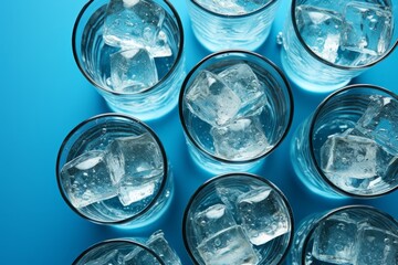 Top-down perspective showcasing ice cubes with water on a soothing blue background, Generative AI