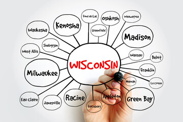 List of cities in Wisconsin USA state mind map, concept for presentations and reports