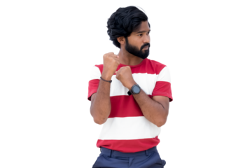 a man with a beard and a watch on his wrist is standing with his arms crossed and his hands folded