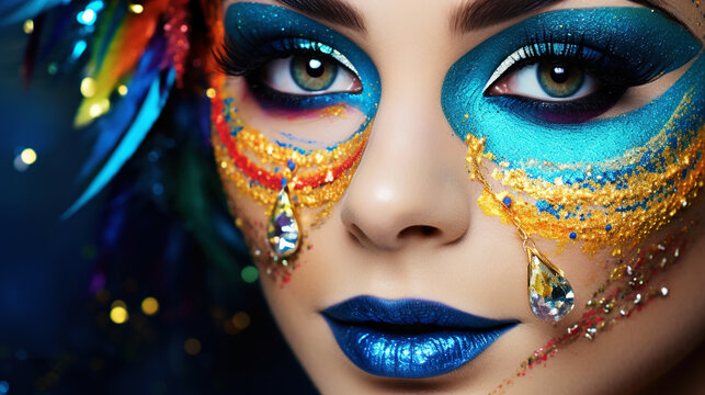 Carnival colourful bright makeup, close up of women face. Masquerade makeup idea. Generative AI