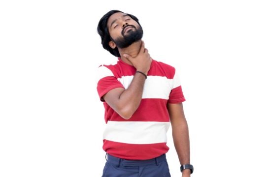 a man with a beard and a red and white shirt is looking up and smiling at something with his hand on his chin