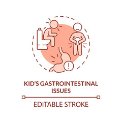 2D editable thin line icon kids gastrointestinal issues concept, isolated monochromatic vector, red illustration representing parenting children with health issues.