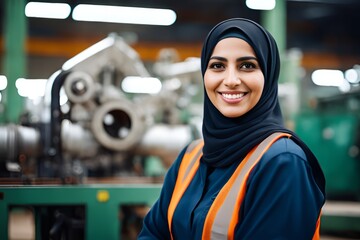 Engineer woman worker, working women happy smiling in heavy industry machinery factory. - obrazy, fototapety, plakaty