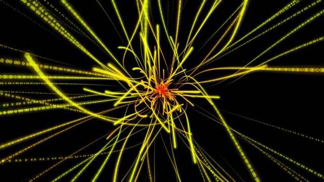 Bright energetic abstract stream of yellow rays on black background