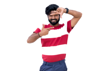a man with a beard and a red and white shirt is making a gesture with his fingers and a watch on his left hand