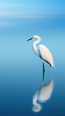 Shallow azure water reflecting a standing heron white. natural background .