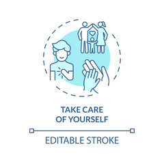 2D editable thin line icon take care of yourself concept, isolated monochromatic vector, blue illustration representing parenting children with health issues.