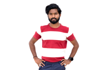 a man with a beard and a red and white shirt is standing with his hands on his hips and his hands on his hips