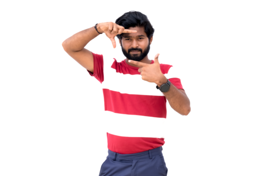 a man with a beard and a red and white shirt pointing to the side with his finger and a watch on his left hand