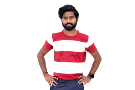 a man with a beard and a red and white shirt is standing with his hands on his hips and his hands on his hips