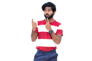 a man with a beard and a red and white shirt is making a gesture with his finger while standing against a white background