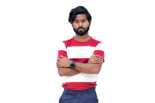 a man with a beard and a red and white shirt is standing with his arms crossed and his arms crossed - Powered by Adobe