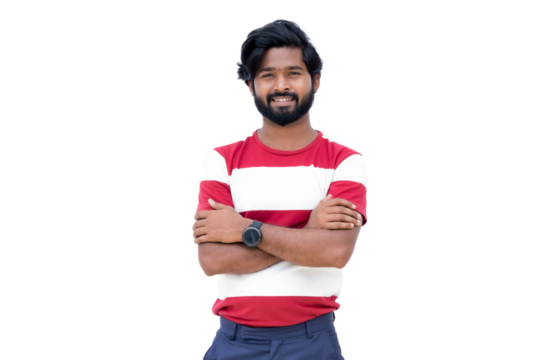 a man with a beard and a red and white shirt is standing with his arms crossed and his arms crossed - Powered by Adobe