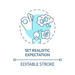 2D editable thin line icon set realistic expectations concept, isolated monochromatic vector, blue illustration representing parenting children with health issues.