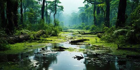 Obraz premium Swamp forest with a light mist. Quagmire in the spring green forest. Generative AI