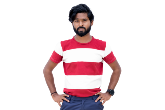 a man with a beard and a red and white shirt is standing with his hands on his hips and his hands on his hips