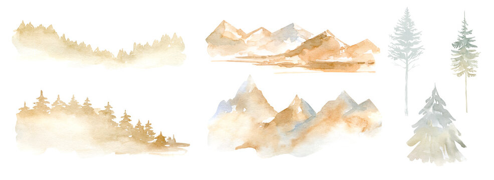 watercolor misty landscape with rocks fog and pine trees, fall mountain clipart, landscape background clipart, trees mountains clipart for greeting cards, save the date, stationery design