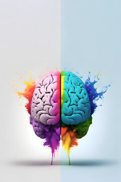 Bold illustration of human brain with rainbow colors paint exploding and dripping. Vibrant creativity design.