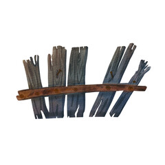 An old wooden fence on a white background. Watercolor illustration of a rustic fence made of planks. Scary Halloween object at home. The drawing is suitable for postcards, compositions, design