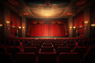 Empty of cinema in blue color with white blank screen, the auditorium in a movie theater with red leather seats - obrazy, fototapety, plakaty