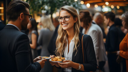 Emphasize the informal networking during coffee breaks with a photo of attendees mingling. Ensure space for conference branding and networking highlights. Great for business events. - obrazy, fototapety, plakaty