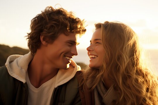 Image of happy young loving couple outdoors have fun. Looking aside. 