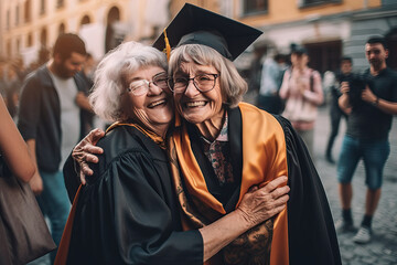 Smiling grandmother hugs young graduate grandson after graduation ceremony